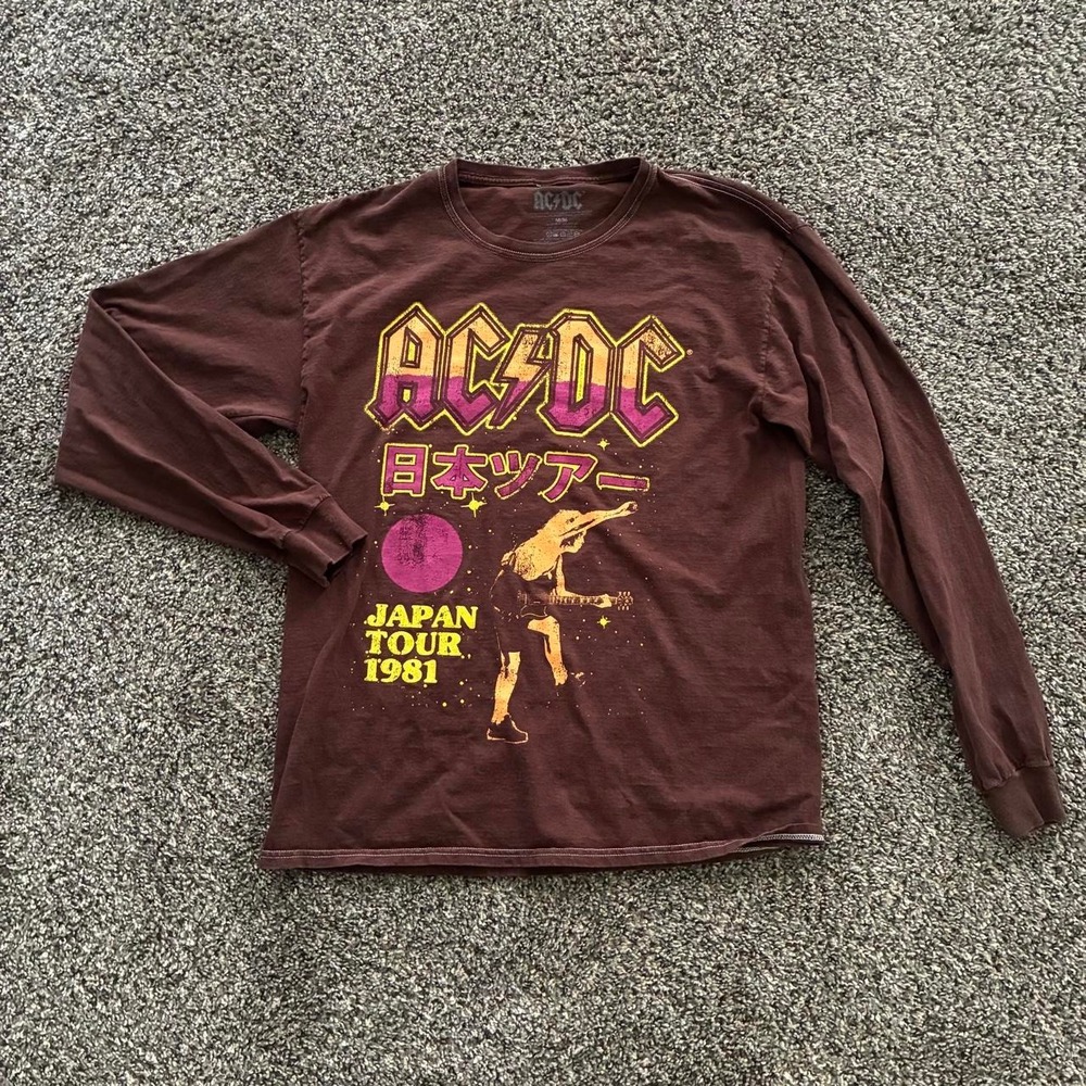 AC/DC Men's Medium Brown Long Sleeve Japan Tour 1981 Rock Band T-Shirt